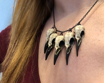 5 Skull Bone Collector Necklace Raven Skull Charm Jewelry, Goth Bird Skull Jewelry, Oddities Bone Gift, Five Super Mini Raven Skulls