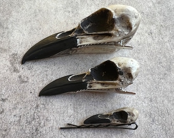 Set of 3 Raven Skull Hair Clip Barrettes, Resin Skull Hair Accessory Crow Goth Bird Skull Gothic Wedding Bride Gift Dark Cosplay Fantasy