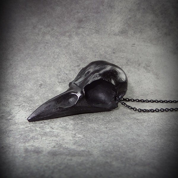 Black Crow Skull  - Crow Necklace 2.5" Skull Jewelry Bone Neckla…