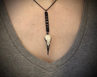 Lariat Lunar Phase Moon Phase Raven Skull Necklace - Moon Necklace Crescent Moon Jewelry Witch Goth Celestial Waxing, Waning, Full Moon