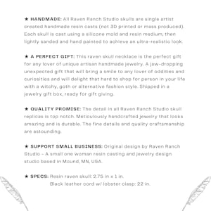 A spec sheet for a resin raven skull necklace handmade by a skull jewelry artist. The style of the necklace is alternative and witchy for gothic fashion, Halloween or a gift. The bone jewelry pendant is brown with a black beak and looks like a real animal skull.