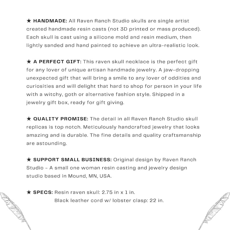 A spec sheet for a resin raven skull necklace handmade by a skull jewelry artist. The style of the necklace is alternative and witchy for gothic fashion, Halloween or a gift. The bone jewelry pendant is brown with a black beak and looks like a real animal skull.