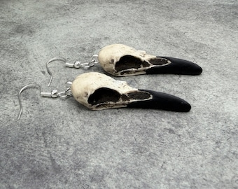 Raven Skull Resin Dangle Earrings – Goth Bird Skull Oddities Gift, Spooky Witchy Bone Jewelry, 1.5" Charm, SHIPS IN 24hrs