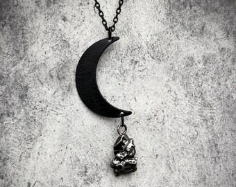 Meteorite Crescent Moon Necklace - Genuine Space Meteorite Fragment Waning Moon Lunar Necklace - Campo Del Cielo Iron Meteorite Pendant