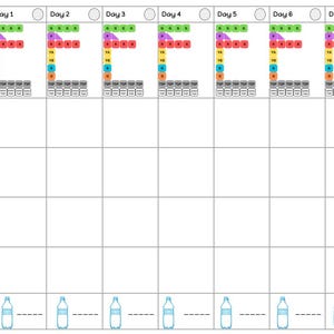 May include: A weekly meal planner with a colorful chart for each day of the week. The chart includes a section for breakfast, lunch, dinner, and snacks. The planner also includes a section for tracking water intake.