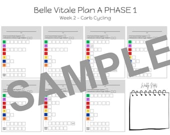 May include: A printable chart for a diet plan called Belle Vitale Plan A Phase 1, Week 2 - Carb Cycling. The chart has a grid with boxes for each day of the week and different colored squares for different food groups. The chart is labeled with the words "Hormone & Stress Support" and "Metabolism & Blood Sugar Support".