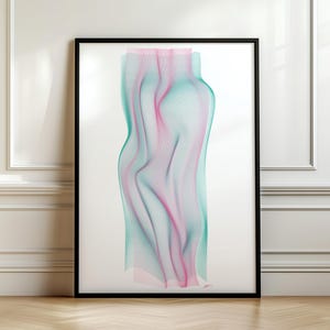 Può includere: Stampa d'arte astratta in una cornice nera. La stampa presenta un design a spirale e stratificato in tonalità rosa e turchese.