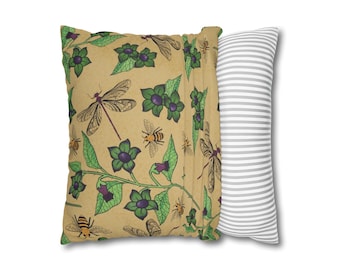 Funda de almohada con diseño floral de belladona, abeja y libélula / Funda de almohada cuadrada de ante sintético