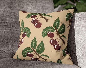 Funda de almohada cuadrada de ante sintético con estampado de rama de cerezo / Fruta retro beige