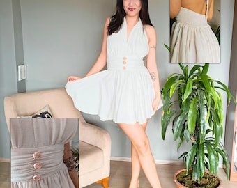 White Linen Blend Halter Neck Mini Dress, Backless, Gold Buttons, Beach Wedding Guest Gow