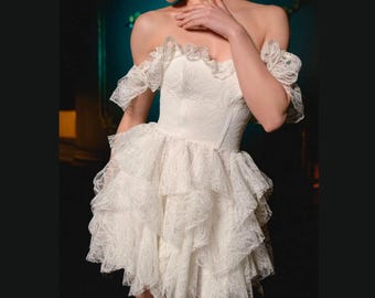 Lace Bridal Mini Dress for Reception, Ruffle After Party Dress, Fast Shipping Off the Shoulder Short Wedding Dress
