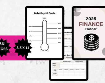 May include: A printable 2025 finance planner with 56 pages. The planner includes a debt payoff goal tracker, a budget overview, and a section for tracking income, expenses, and savings. The planner is designed to help you achieve your financial goals.