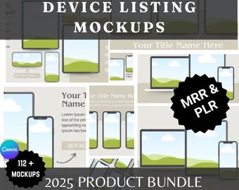 May include: A digital product bundle for Etsy sellers featuring 112+ device mockups for product listings. The image shows a variety of devices, including phones, tablets, and laptops, with a green and blue landscape background. The text "MRR & PLR" is also visible, indicating that the product is for resale.