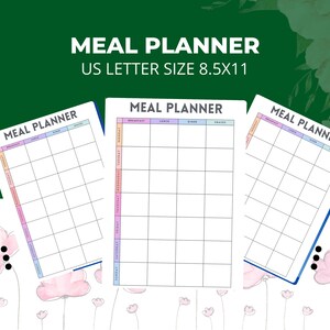 May include: Three printable meal planner pages with a pastel color gradient. Each page has columns for breakfast, lunch, dinner, and snacks. The pages are labeled "Meal Planner" and are designed for US Letter size paper.
