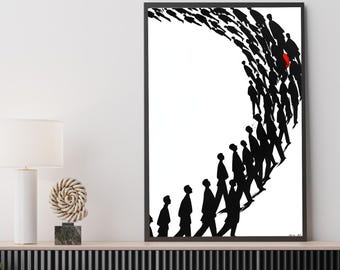 Crowd Silhouette Canvas – Minimalist Black & White Wall Art with Red Accent