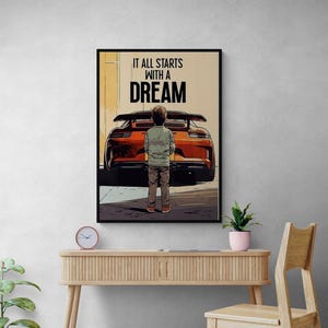 Kind en Auto Cartoon Canvas Schilderij - "Het Begint Allemaal Met Dromen" -Kinderkamer Wandkunst - Inspirerende Woondecoratie