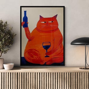 Funny Drinking Cat Canvas Wall Art - Quirky Cat Artwork for Living Room - Humorous Canvas Wall Decor - Trendy Artwork for Office