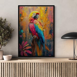 Colorful Parrot Canvas Wall Art, Oil Painting Style Canvas Print, Abstract Parrot Artwork for Living Room & Gift for Her