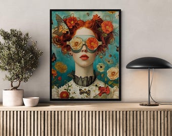 Boho Woman Canvas Wall Art, Floral Glasses Portrait, Butterfly Girl Painting, Modern Aesthetic Wall Decor for Bedroom & Living Room