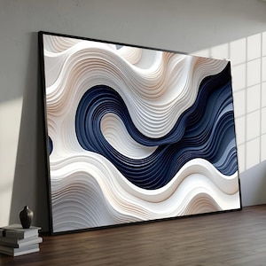 Abstract Wave Layers Canvas Wall Art, 3D Effect Modern Home Decor, Neutral Blue and White Flowing Design, Ready To Hang, Framed Wall Art