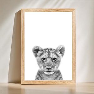 Löwenbaby Leinwand Poster – Schwarz-weißes Wildtierporträt Druck – Moderne Dschungel Wandkunst für Wohnzimmer, Kinderzimmer & Büro