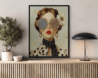 Boho Flower Glasses Woman Portrait Canvas Wall Art, Floral Glasses Painting, Butterfly Girl Poster Print, Mural for Bedroom & Living Room
