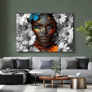 Woman with Flowers Canvas Portrait, Woman Portrait Wall Art, Cultural Artwork, Modern Aesthetic Decor & Gift for Her