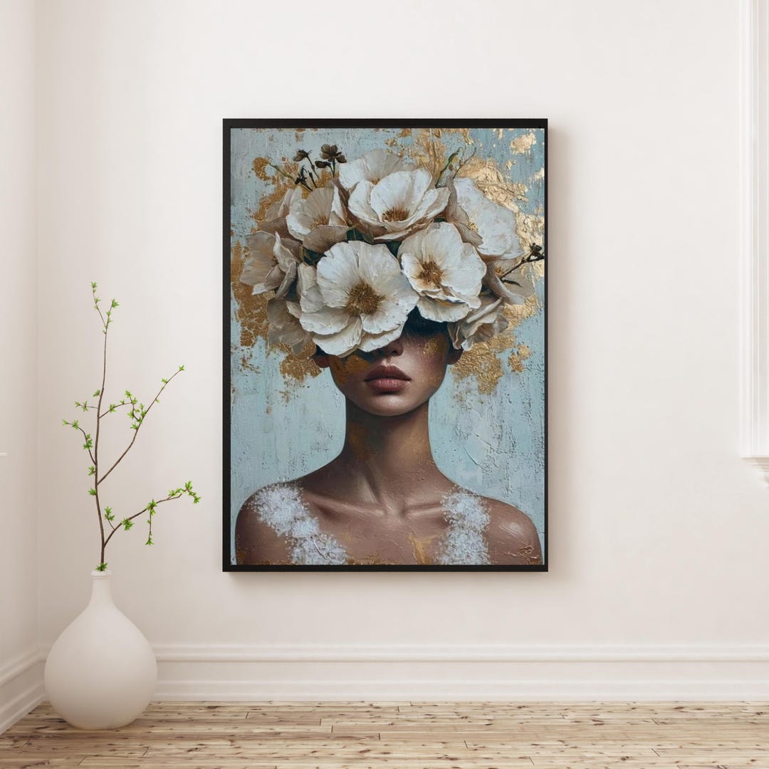 Elegant Floral Woman Portrait Wall Art, Vintage Botanical Canvas Print ...