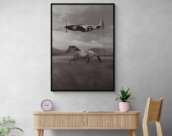 Horse and Warplane Canvas Print - Black and White Vintage Wall Art - Modern Wall Decor for Home & Office, Housewarming Gift