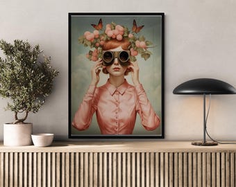 Boho Woman Canvas Wall Art, Floral Glasses Portrait, Butterfly Girl Painting, Modern Aesthetic Wall Decor for Bedroom & Living Room