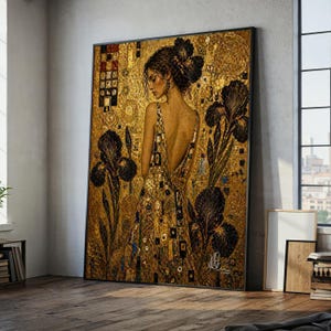 Elegant Woman Portrait Canvas, Gold Floral Wall Art, Decorative Iris Flowers, Artistic Home Canvas, Large Wall Art, Statement Wall Art