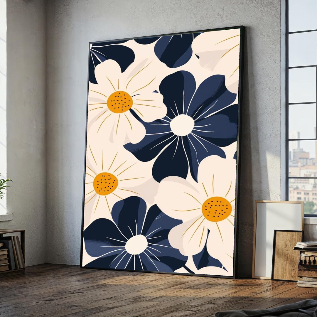 Modern Navy Blue and White Floral Canvas, Abstract Daisy Wall Art ...