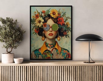 Boho Woman Canvas Wall Art, Floral Glasses Portrait, Butterfly Girl Painting, Aesthetic Wall Decor for Bedroom & Living Room