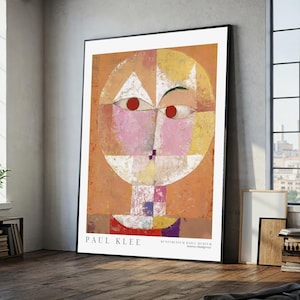 Lienzo con geometría facial abstracta, arte mural inspirado en Paul Klee, retrato abstracto moderno, lienzo cubista colorido, listo para colgar, arte mural enmarcado