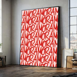 Amor Script Repeated Pattern Canvas, Red Calligraphy Wall Art, Love Typography Print, Modern Textual Canvas Decoration, Romantic Home Accent