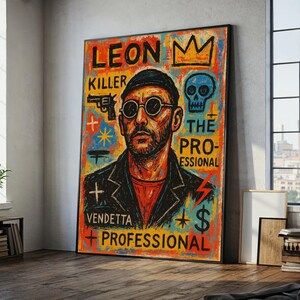 Leon The Professional Canvas Wall Art, Street Art Inspired Portrait, Urban Graffiti Style, Movie Character Illustration, Modern Pop Culture