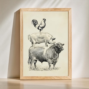 Póster de Granja con Vaca, Cerdo y Gallina – Arte de Pared Vintage Estilo Francés Rústico – Decoración de Animales para Oficina