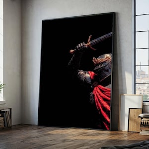 Medieval Knight with Sword Raised, Dark Background Canvas, Armor Wall Art, Historical Warrior Decoration, Dramatic Home Canvas Art