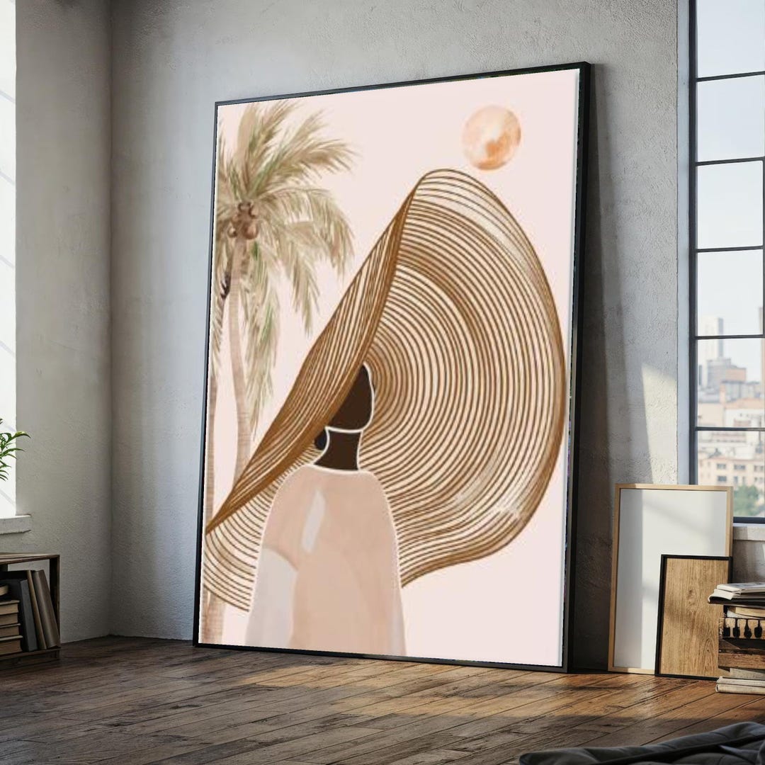 Modern Abstract Woman With Wide Brim Hat Canvas, Minimalist Palm Tree ...