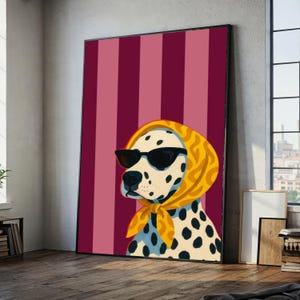 Stylish Dalmatian Dog Canvas Art, Retro Headscarf Wall Decor, Cool Sunglasses Pet Print, Modern Animal Canvas, Fun Home Decoration