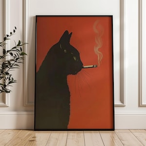 Puede incluir: Silueta negra de un gato fumando un cigarrillo sobre un fondo rojo. El gato está de perfil, con humo que se eleva del cigarrillo. La obra de arte está enmarcada en un marco negro, ideal para la decoración de paredes.