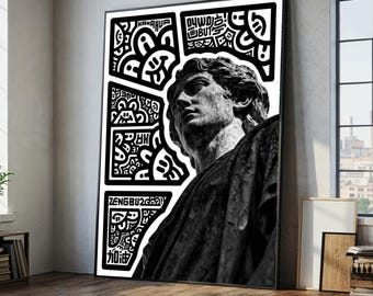 Classic Roman Statue Canvas, Black and White Art, Modern Graffiti Background, Historical Sculpture Wall Art, Contemporary Home Decor