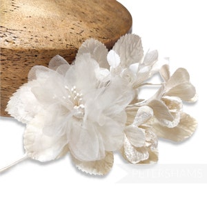 Organza, Velvet and Silk &#39;Adele&#39; Flower Wired Spray Mount for Millinery and Hat Trimming - Ivory