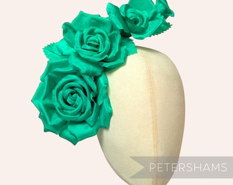 Organza 'Kallie' Millinery Triple Fascinator Flower Hat Mount - Emerald Green