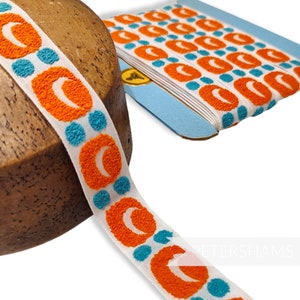 Vintage französisches 26 mm 1960/70er Jahre gewebtes Baumwollband mit Bubbly-Muster - 1 m - Orange und Türkis