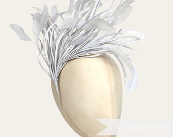 Extra Large Stripped Coque & Goose Biot Feather Hat Mount for Millinery and Hat Making - Pale Grey