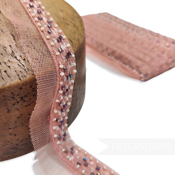 Seed and Tube Beaded Mesh Tulle Trim - 1m - For Millinery and Dressmaking - Dusky Pink