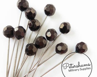 Set of 12 Extra Long 9cm (3.5 inch) Hat Pin Style Beaded Millinery Pins - Black