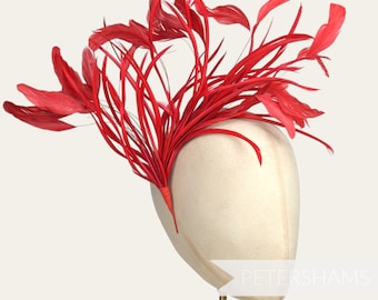 Extra Large Stripped Coque & Goose Biot Feather Hat Mount for Millinery and Hat Making - Red