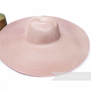 May include: A wide-brimmed pink sun hat with a woven straw texture and a gold shimmer.